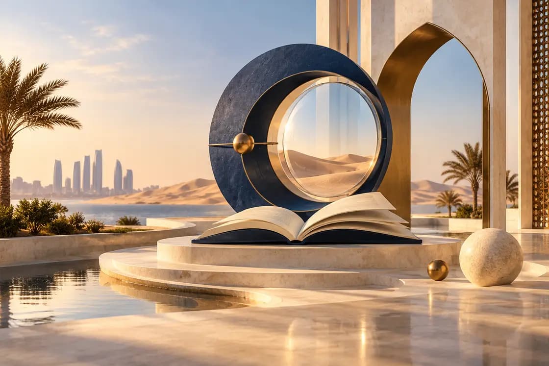 Conceptual UAE GP / Doctor License preparation illustration: desert-sand clinical study pavilion, navy diagnostic lens sculpture and brass geometric arch, calm Gulf architectural editorial scene