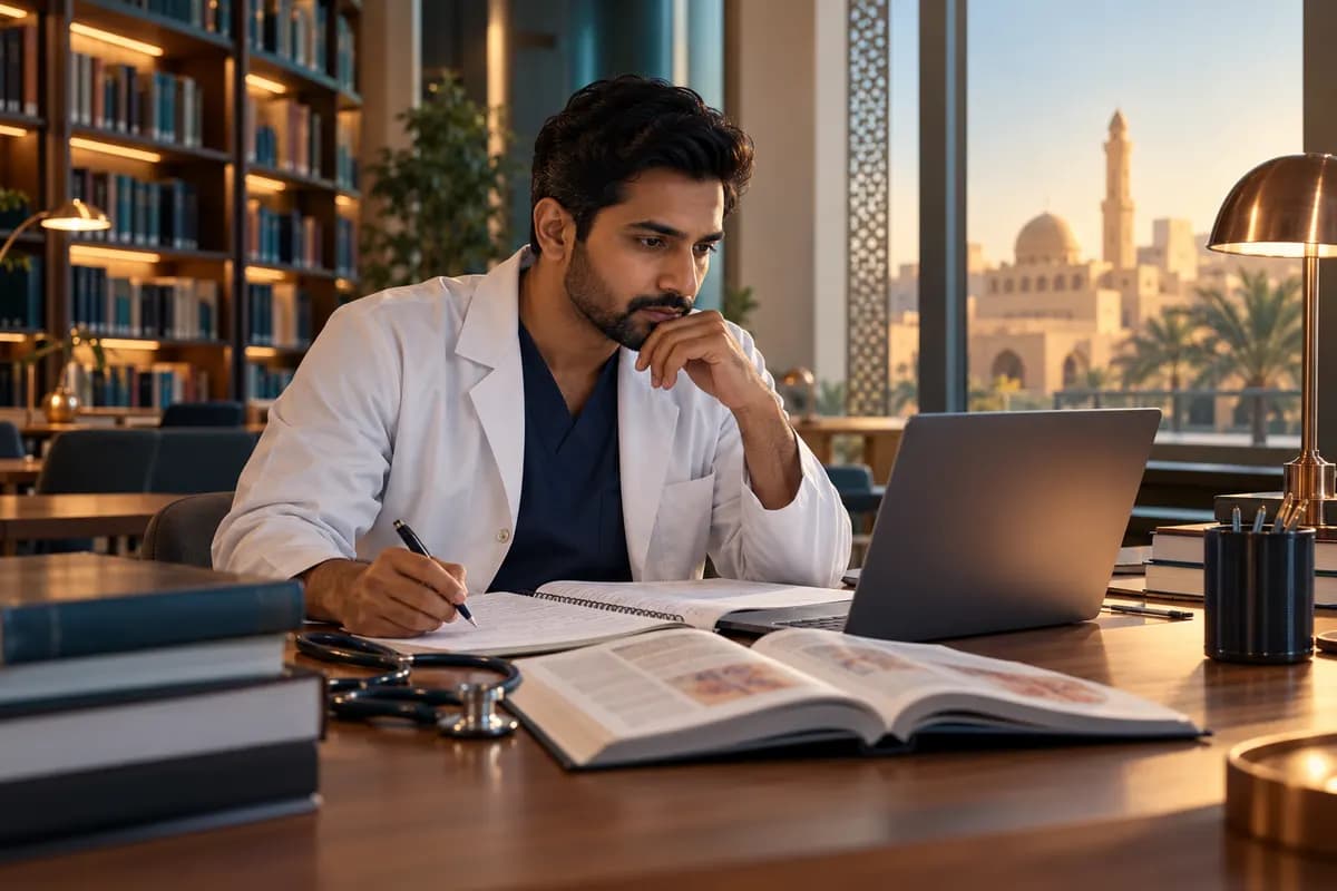 Illustration of an adult South Asian doctor studying a fictional patient case at a quiet contemporary Gulf medical-library desk, stethoscope beside notebook, warm sand-coloured architecture visible through a window, teal and copper light.