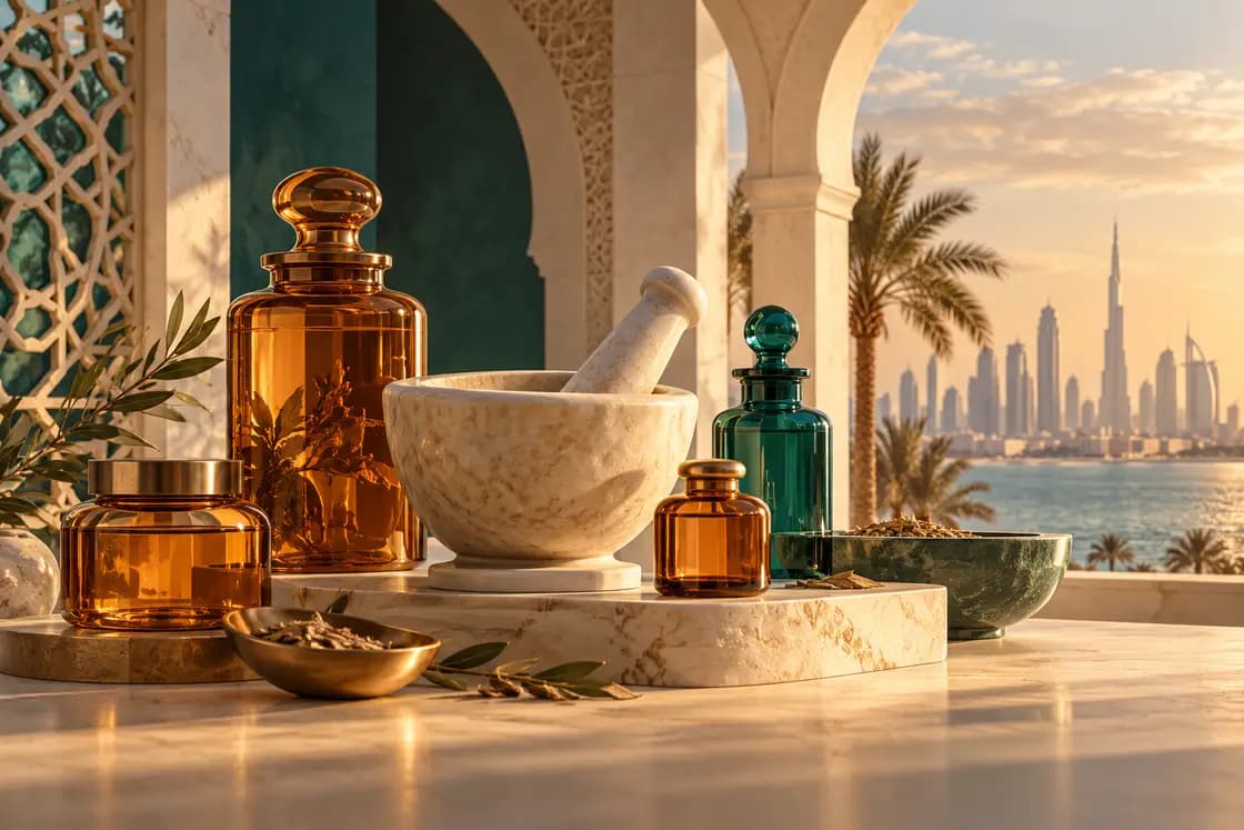 Conceptual UAE Pharmacist License preparation illustration: Gulf apothecary sculpture with translucent amber medicine vessels, cream stone arches and teal glass, no labels or dosage markings