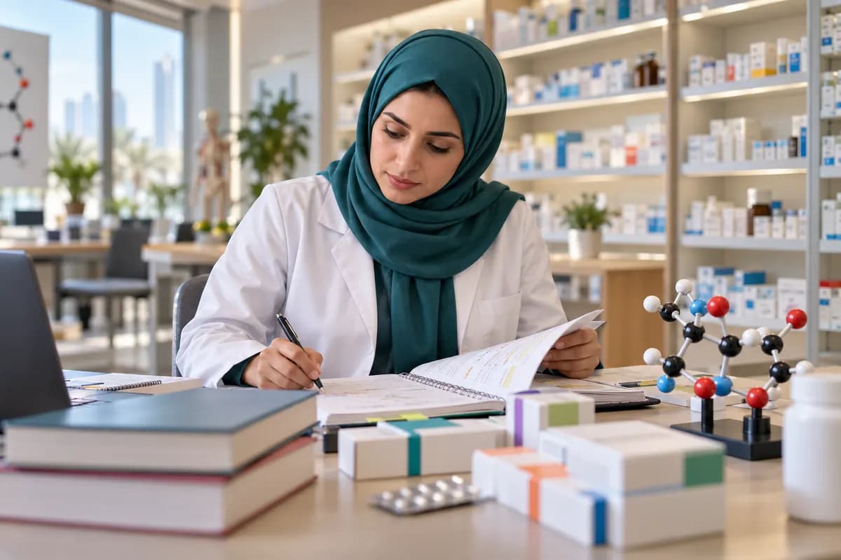 Illustration of an adult woman pharmacist in a modest white coat and teal headscarf reviewing a study notebook beside generic unlabelled medicine boxes and a molecular model in a contemporary pharmacy learning room, soft Gulf daylight, shelves blurred.