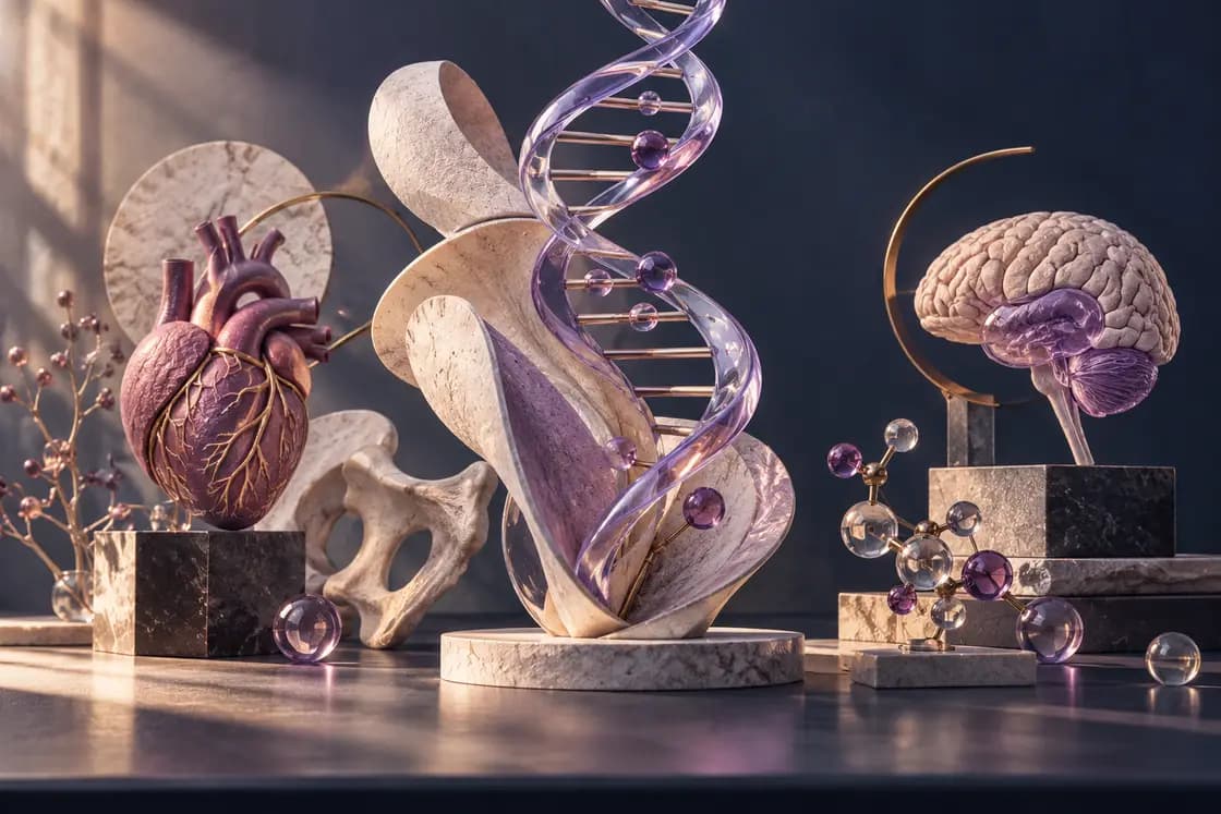 Conceptual USMLE Step 1 preparation illustration: biomedical molecular sculpture combining anatomy-inspired abstract forms and lavender glass, midnight blue academic laboratory desk