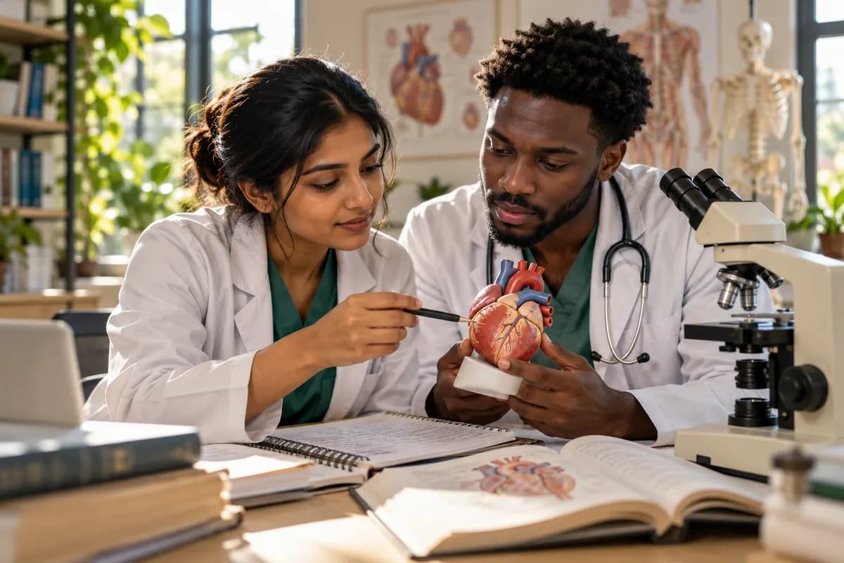 Illustration of two adult medical students, an Indian woman and a Black man, comparing a small heart anatomy model with a notebook and microscope in a sunlit medical-school study room.