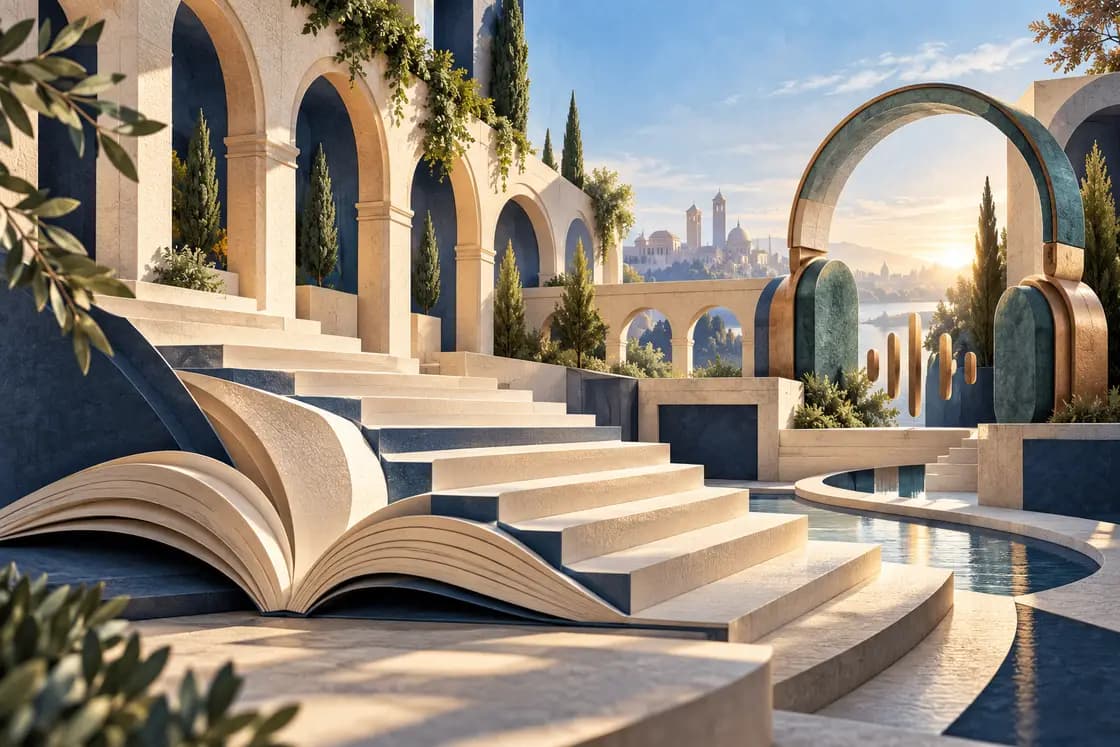Illustration of a book unfolding into university steps, with a sculptural headphone arch and a sunlit horizon