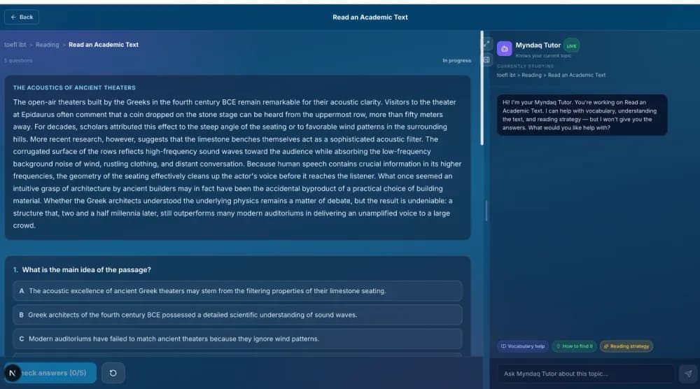 Actual TOEFL Reading drill on Myndaq with an academic passage, questions and the AI tutor