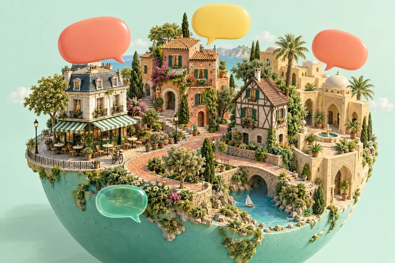 A colourful miniature neighbourhood connecting a café, European houses and an Arabic courtyard with speech bubbles