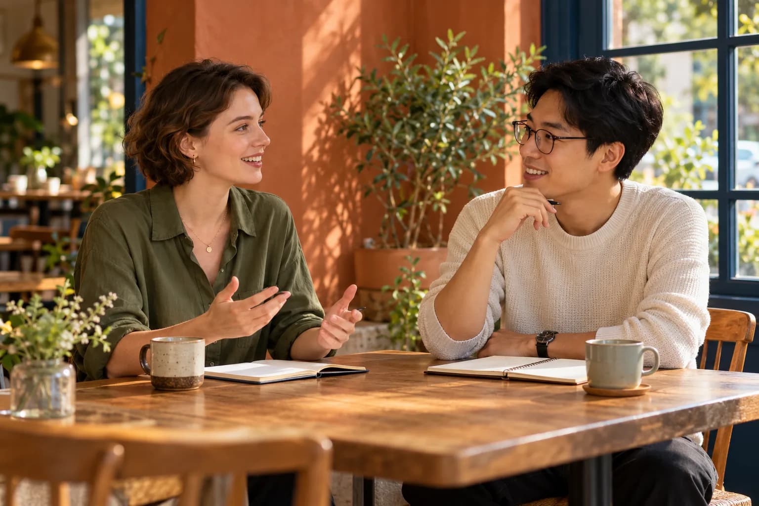 AI illustration of two international adult learners practising a conversation at a cafe table