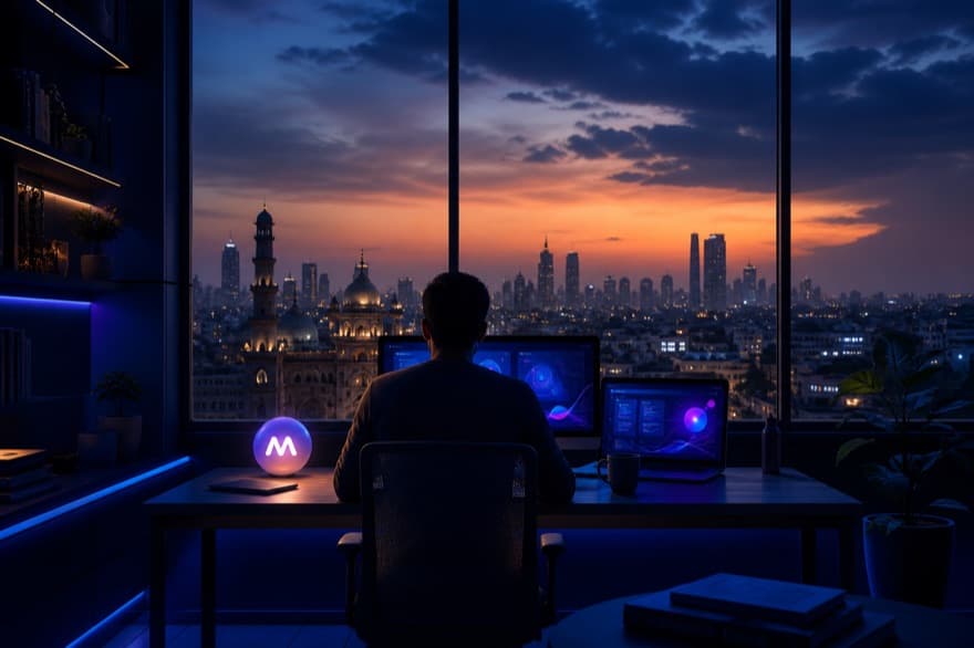 Founder workspace at dusk overlooking an Indian city skyline — Myndaq is built and operated in India