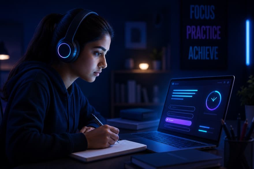 Student practising a timed task on a Myndaq practice surface at night