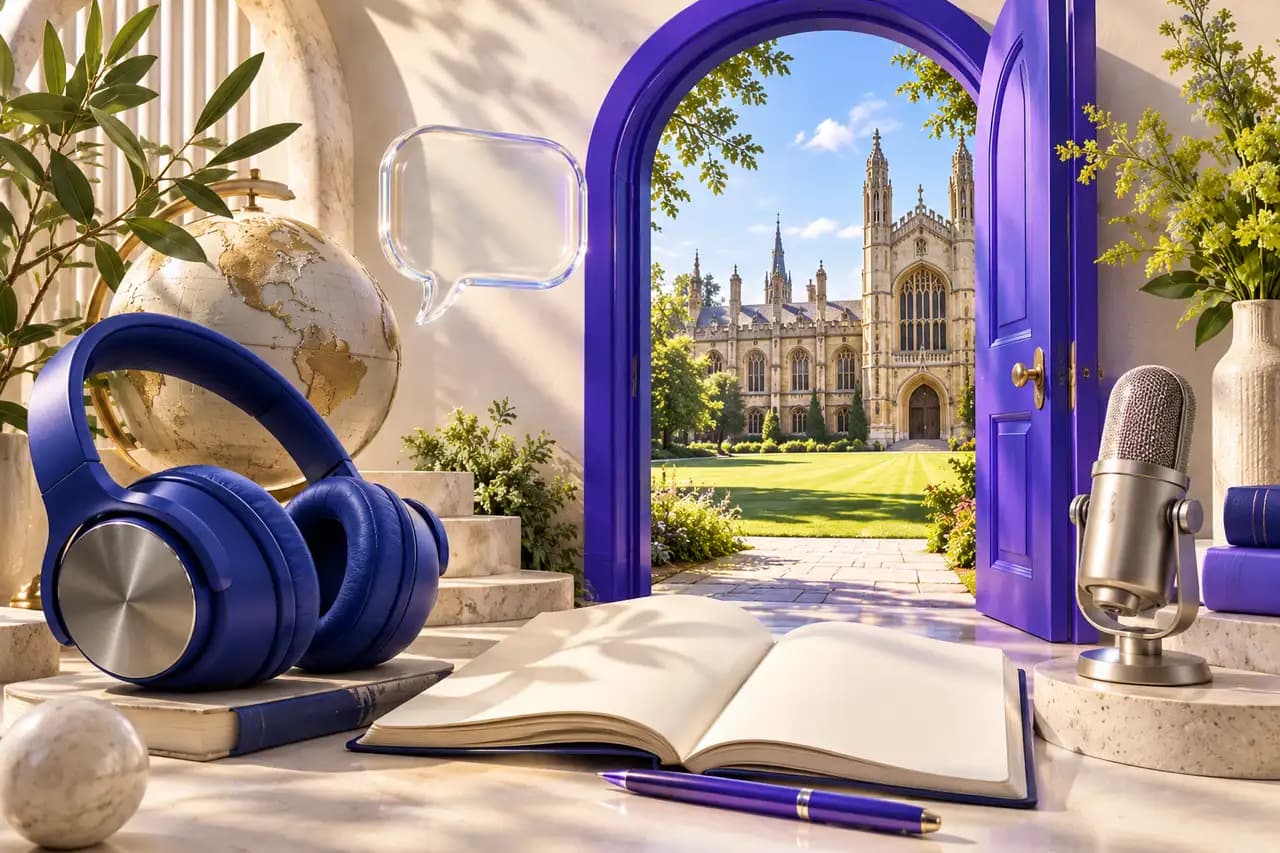 Concept illustration of a violet doorway opening onto a university courtyard, with headphones, a notebook and a microphone representing IELTS preparation