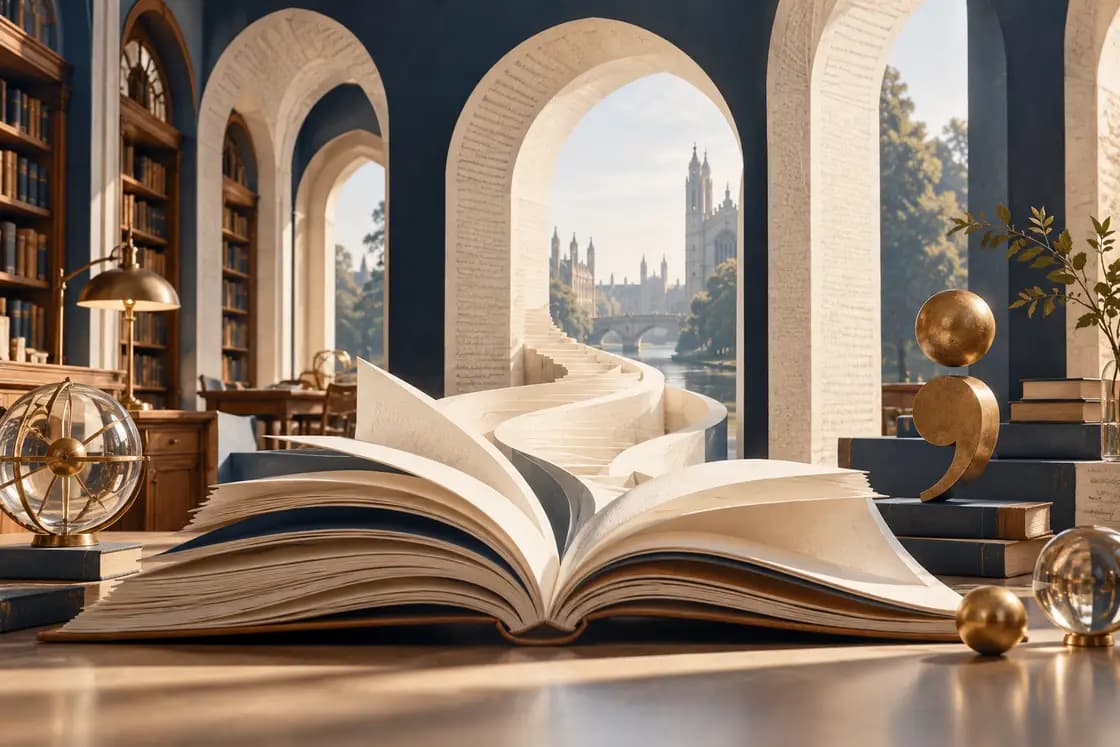 Conceptual Cambridge B2/C1 preparation illustration: British scholarly reading room imagined in sculptural paper, dictionary page arches, navy and warm oak, brass punctuation-like forms without text