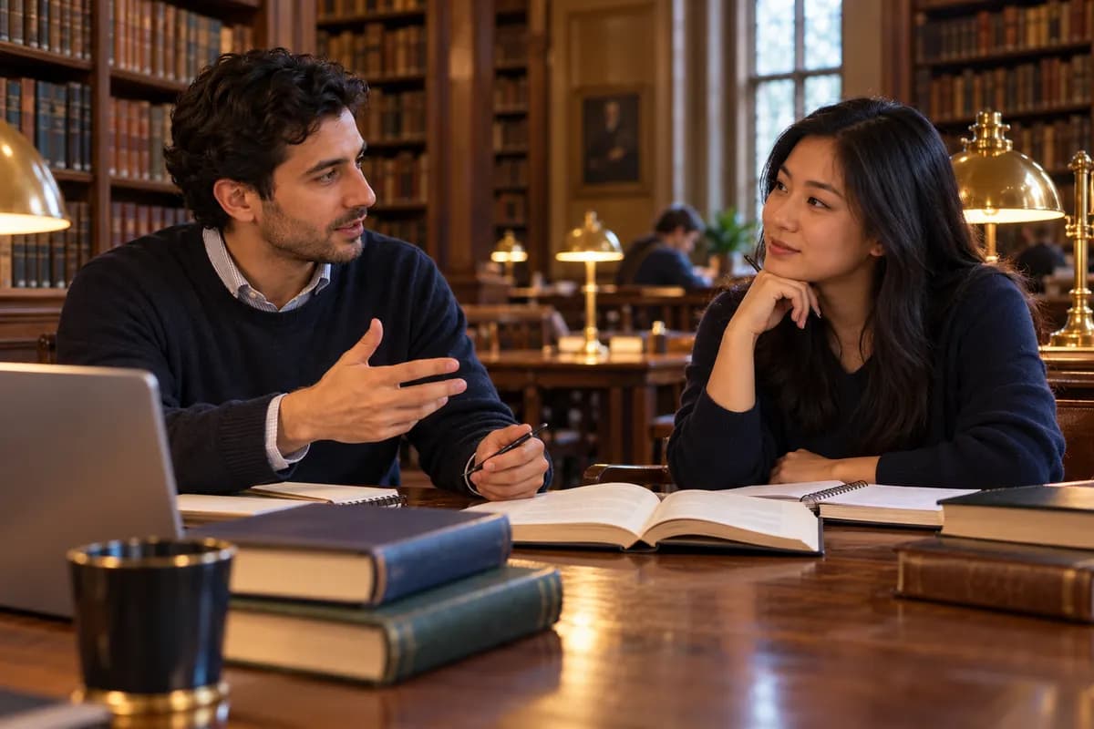 Illustration of two adult English learners discussing a reading passage across an oak table in an elegant British-style library, one making a thoughtful point while the other listens, books and notes without readable text, navy clothing, warm brass reading lamps, authentic cinematic study photograph..