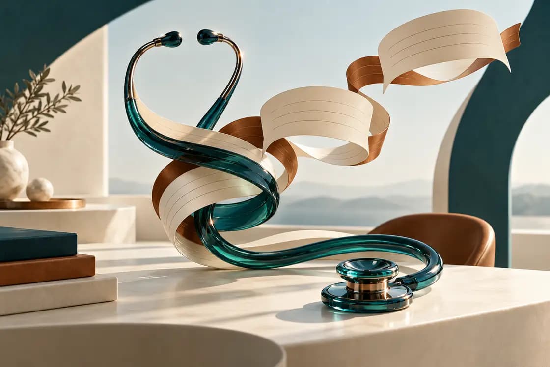 Conceptual OET (Nursing & Medicine) preparation illustration: clinical teal listening stethoscope sculpture with flowing paper conversation ribbons, ivory consultation desk, no medical claims or people