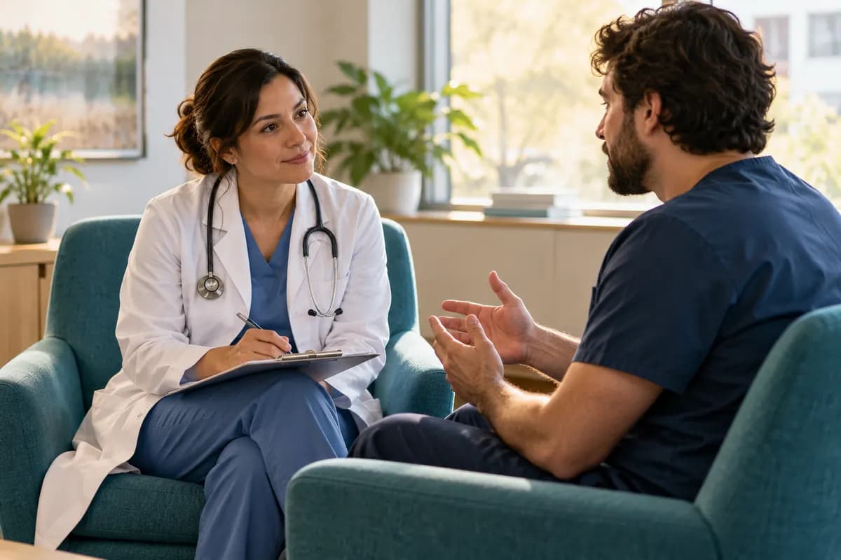 Illustration of two adult healthcare professionals in a bright consultation-training room role-playing a conversation, woman doctor listening attentively to a seated colleague acting as a patient, clipboard with no readable text, teal chairs, warm daylight, calm human eye contact.
