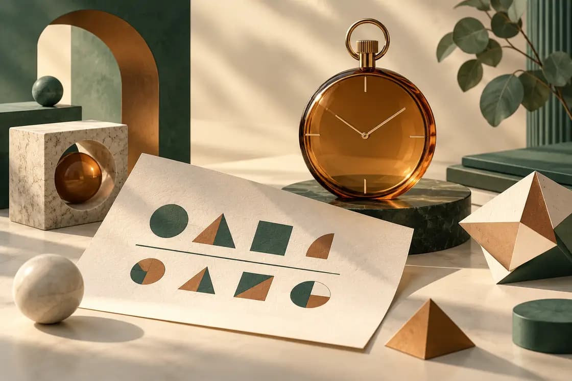 Conceptual UCAT (UK & ANZ) preparation illustration: precise geometric reasoning puzzle and amber glass stopwatch without numerals, eucalyptus-green admissions desk and folded ivory paper
