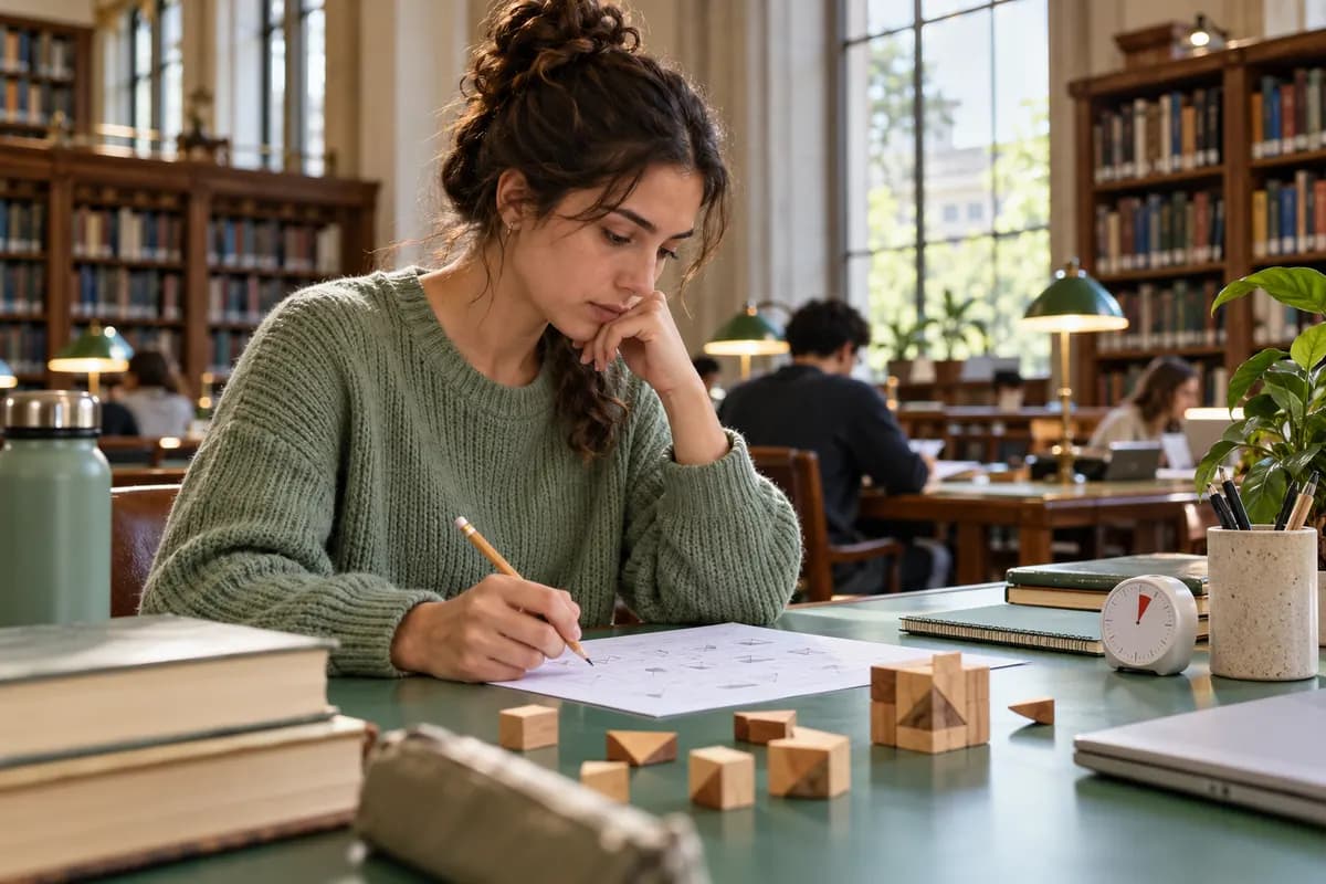 Illustration of an adult aspiring medical student concentrating on a paper reasoning exercise at a bright eucalyptus-green study desk, geometric wooden puzzle pieces, pencil and small plain timer, university library background, candid side view, no legible screen or text..