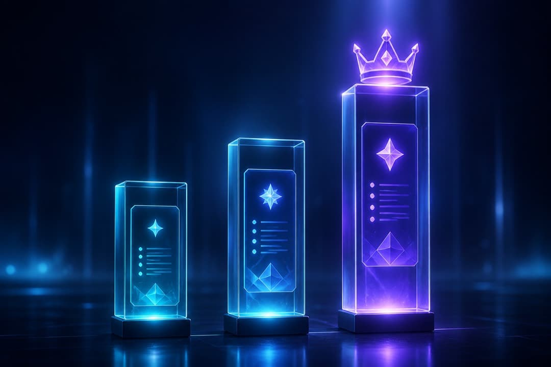 Three glowing glass plan pillars of ascending height — each a one-time purchase
