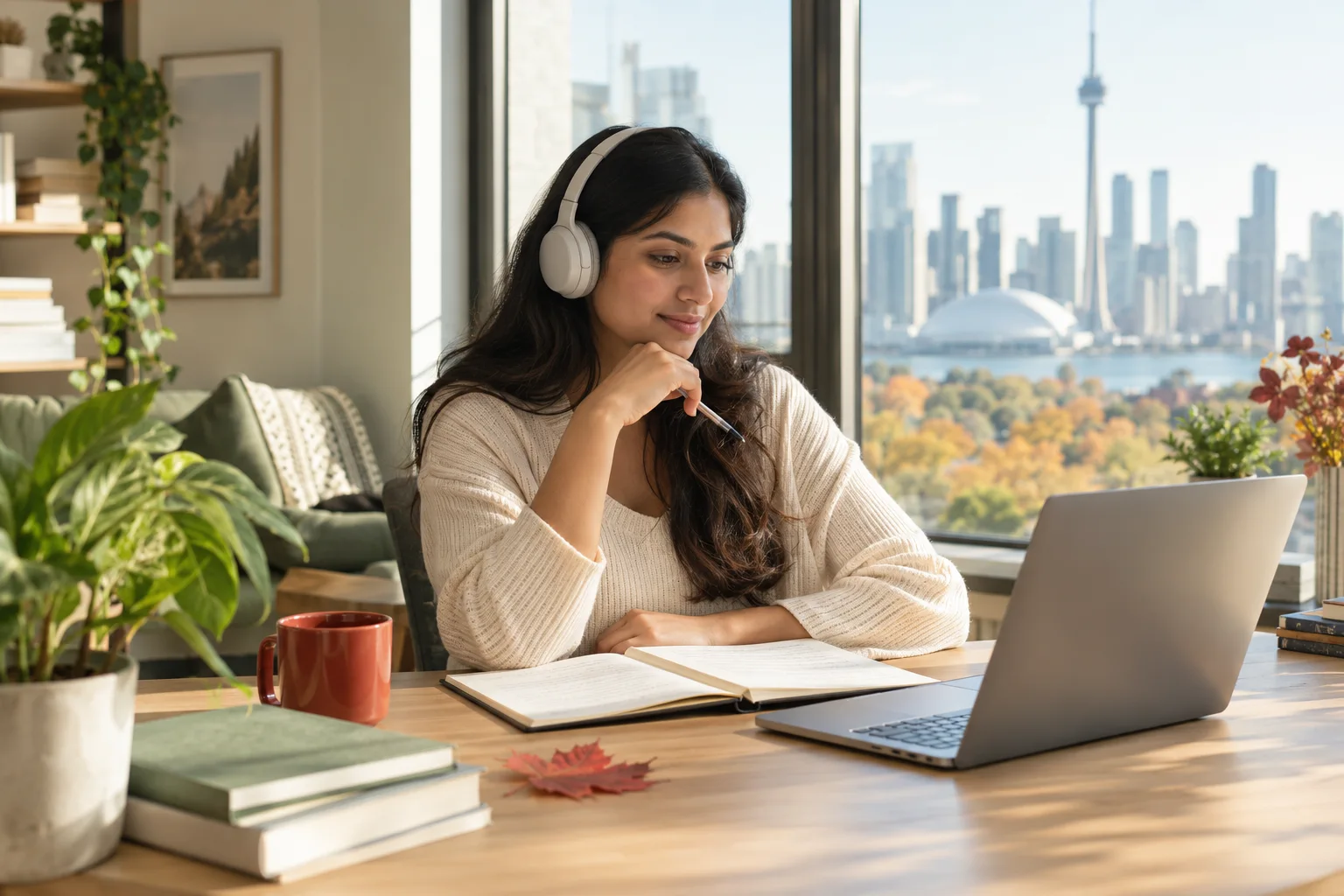 A learner practising English with headphones and a laptop in a bright study overlooking Toronto