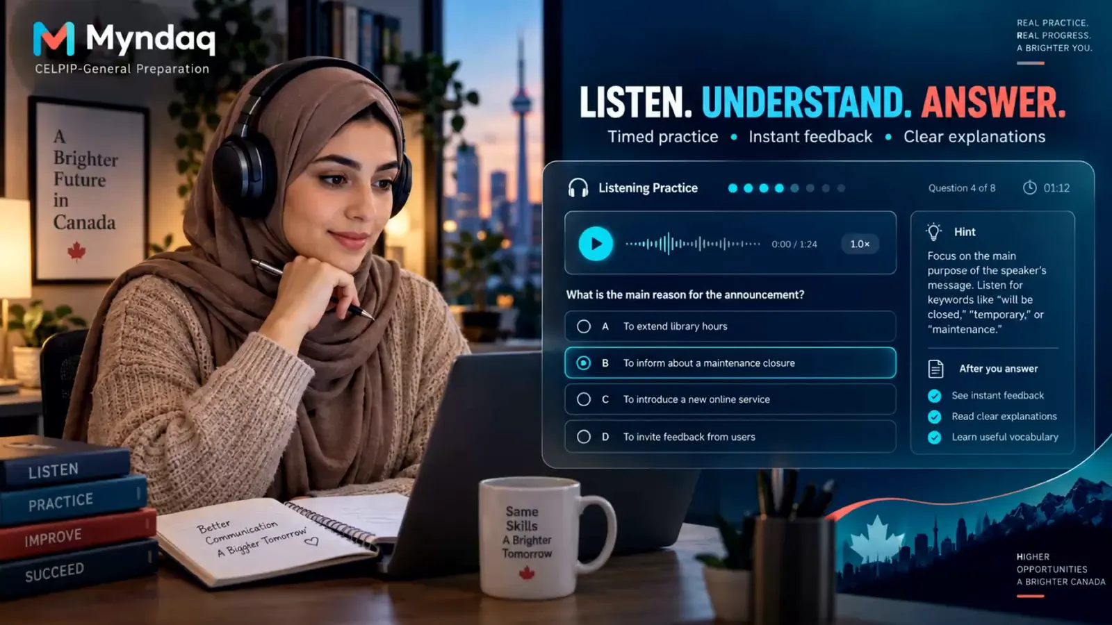CELPIP Listening practice screen with audio player, question and hint panel