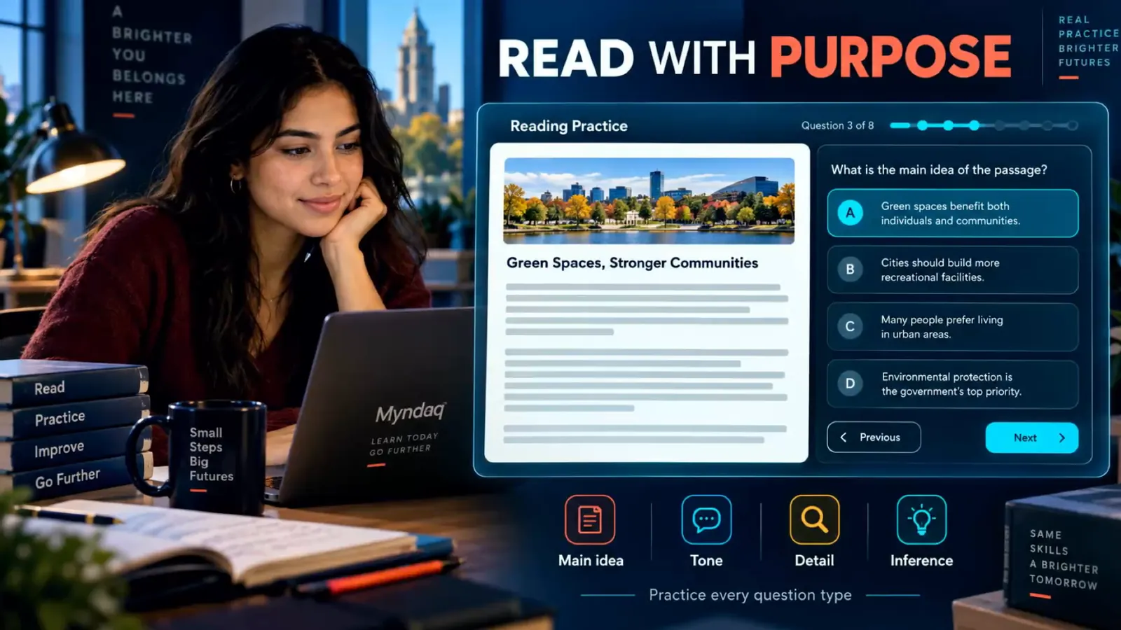 CELPIP Reading practice screen with a passage and multiple-choice question