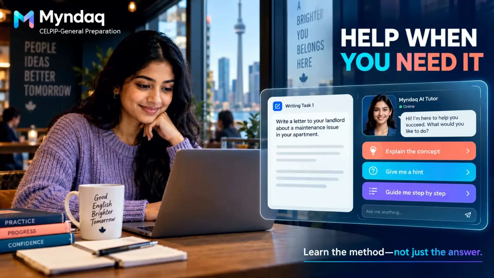 The Myndaq AI tutor offering to explain the concept, give a hint or guide step by step on a writing task