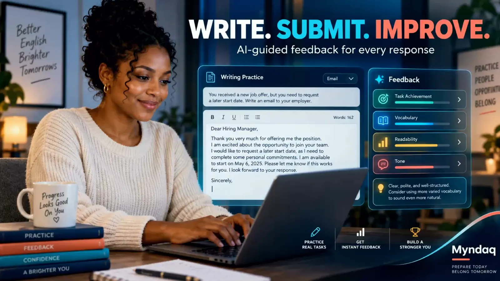CELPIP Writing practice with an email task and AI feedback on task, vocabulary, readability and tone