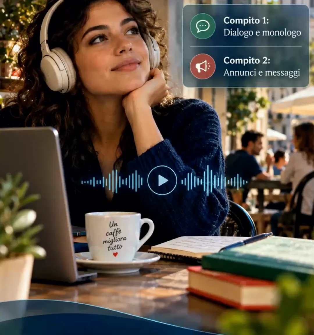 Illustration of a woman listening to Italian audio with headphones at a café table in a piazza