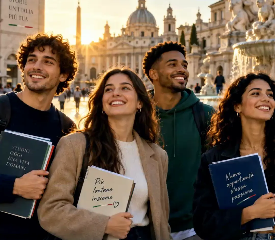 Illustration of four friends with Italian study books in a Roman piazza