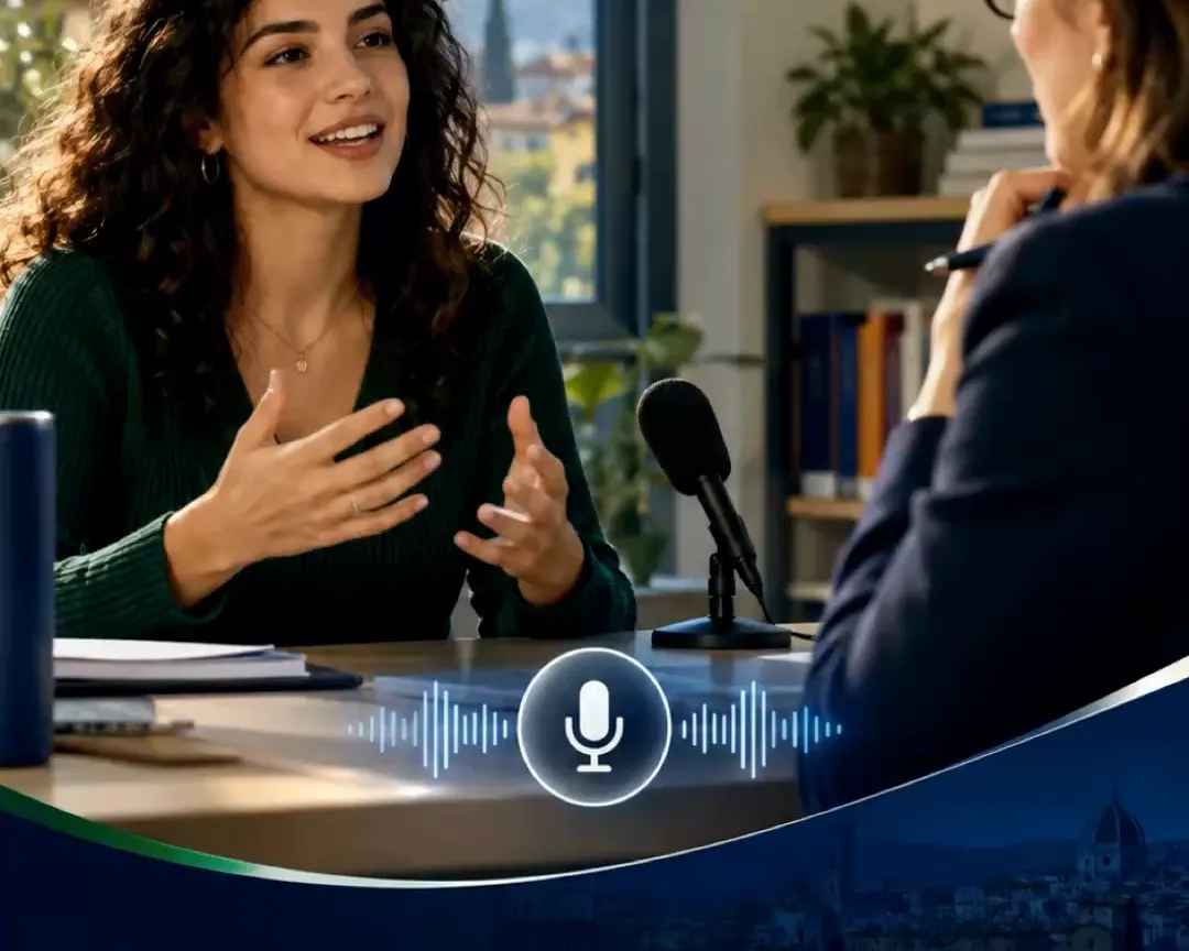 Illustration of a candidate speaking with an examiner during a recorded Italian oral test