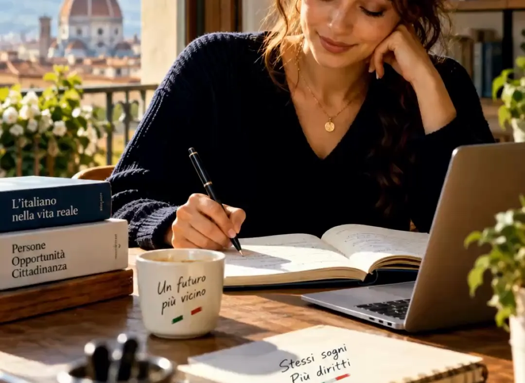 Illustration of a woman writing a letter in Italian at a desk with Florence rooftops behind her