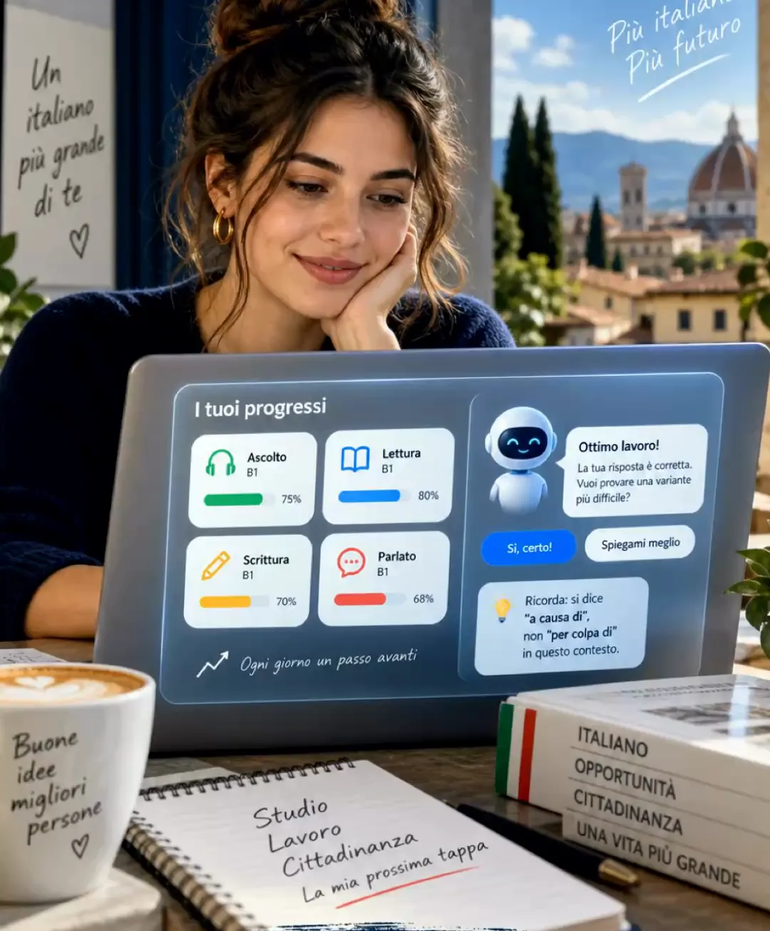 Illustration of a learner reviewing her progress in ascolto, lettura, scrittura and parlato on a laptop