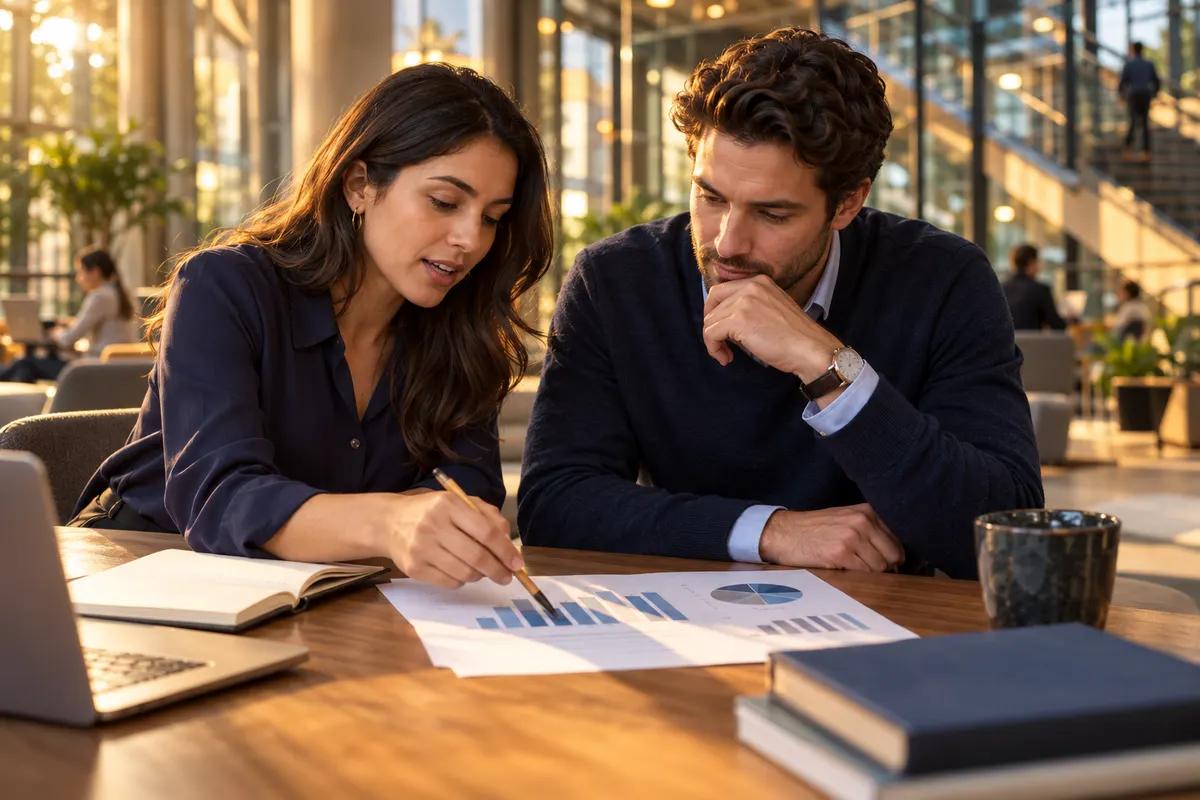 Illustration of two adult MBA applicants analysing a printed business chart without labels at a contemporary study lounge table, one explaining a data relationship with a pencil, indigo clothing, warm bronze lighting and glass architecture, professional but relaxed candid editorial photograph, no company logos or screen text..