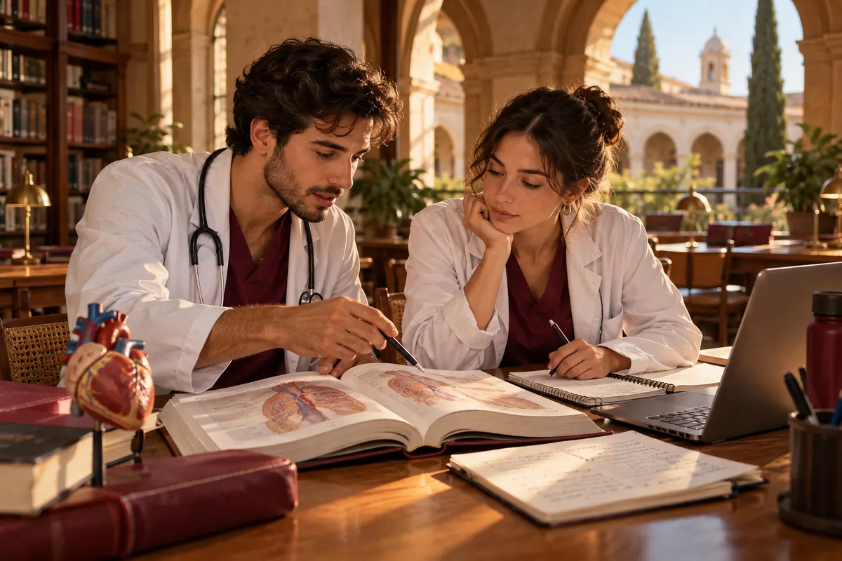 Ilustración de dos médicos graduados estudiando un caso clínico en una biblioteca.