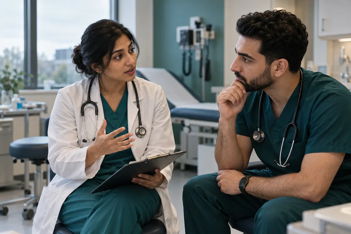 Illustration of two adult international medical graduates, a South Asian woman and an Arab man, discussing a fictional consultation scenario in a British clinical-skills training room, plain clipboard and stethoscope, forest teal accents, soft overcast window light, no patient, no institutional logos..