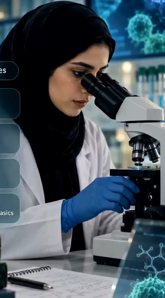 رسم توضيحي لصيدلانية تنظر عبر المجهر في المختبر