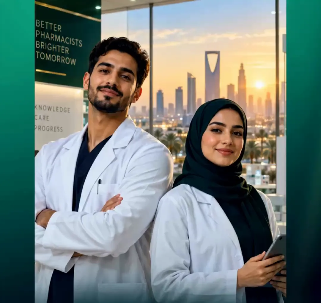 رسم توضيحي لصيدلي وصيدلانية بمعطفين أبيضين أمام أفق الرياض عند الغروب
