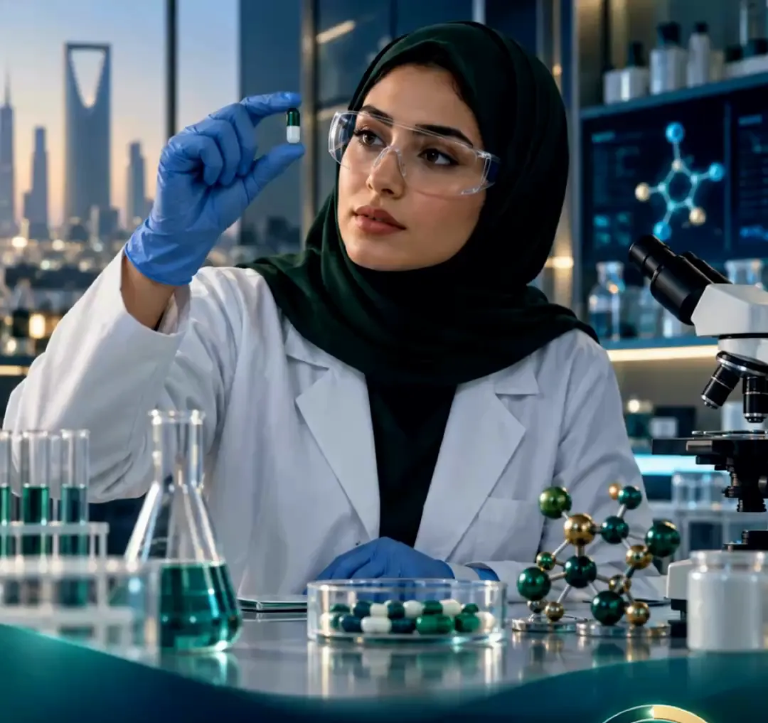 رسم توضيحي لصيدلانية في مختبر تركيب الأدوية تمسك كبسولة، وعلى الطاولة نماذج جزيئية