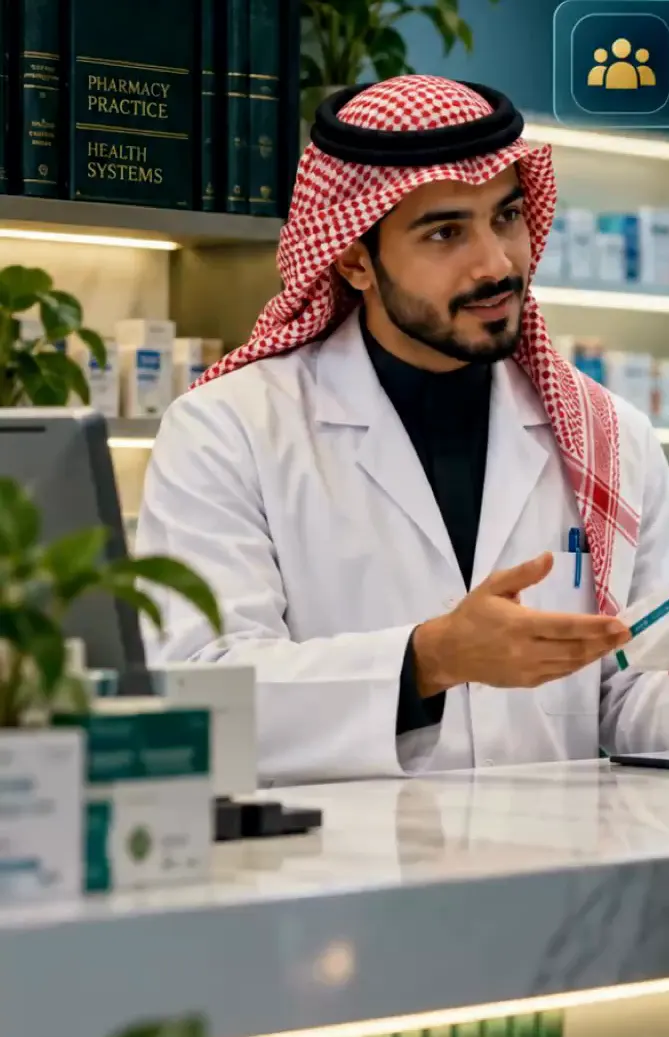 رسم توضيحي لصيدلي يقدّم الإرشاد لمريض عند صيدلية مجتمعية