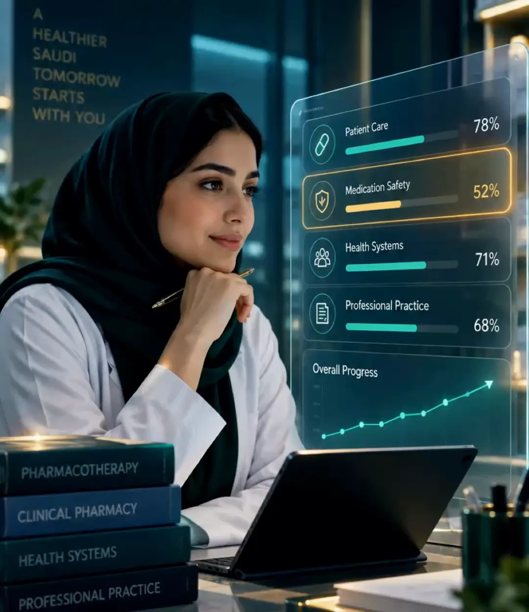 رسم توضيحي لأشرطة التقدم حسب المجال، وسلامة الدواء عند 52% هدفاً للمراجعة التالية