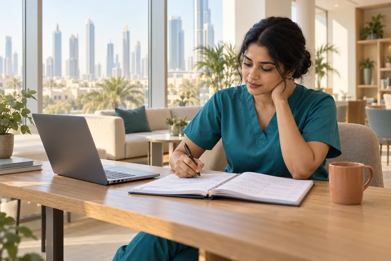 Illustration of a nurse in teal scrubs studying in a sunlit learning lounge
