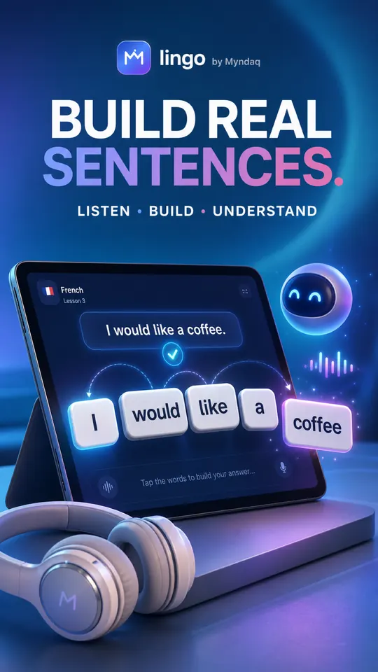 Myndaq Lingo promotional illustration: build real sentences